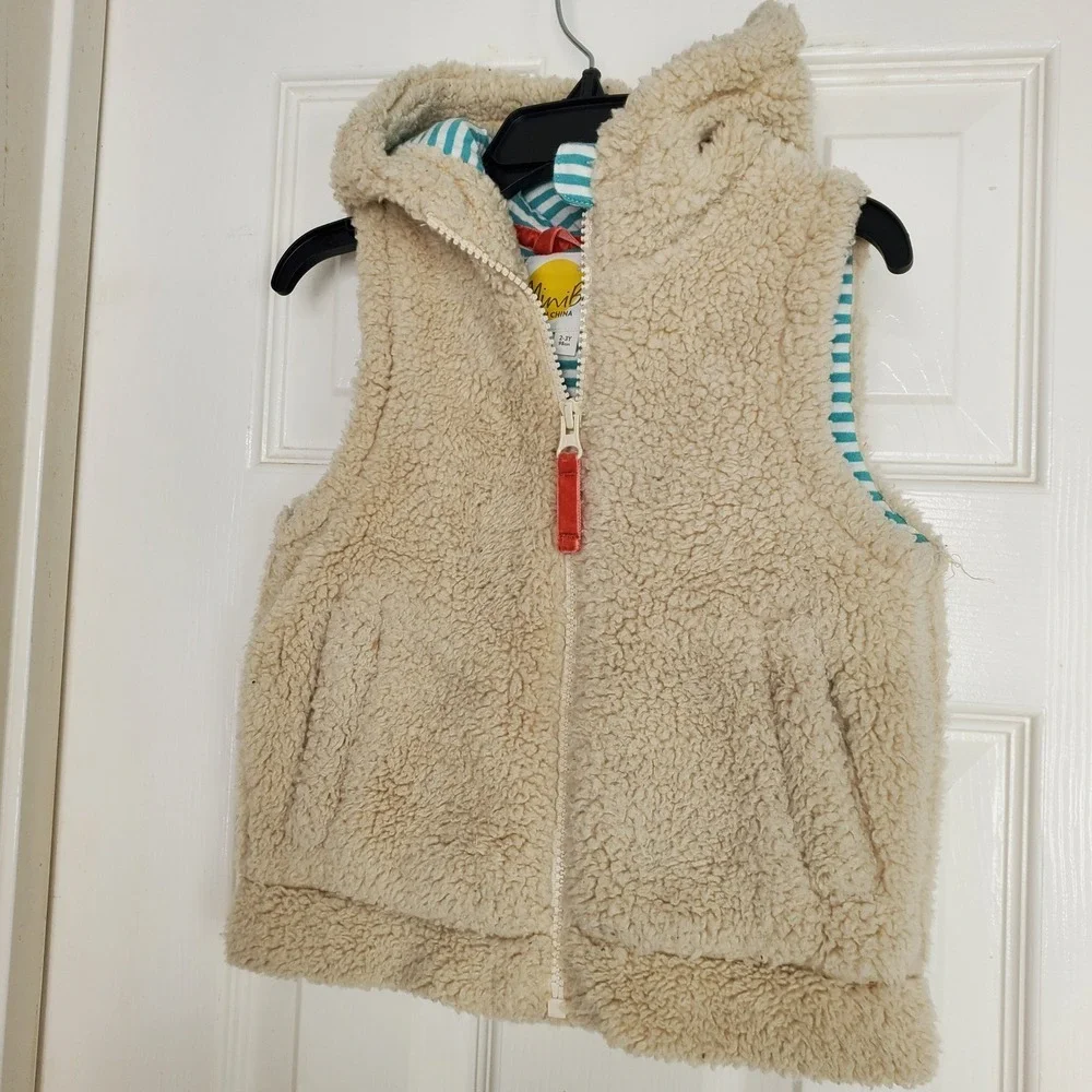 Mini Boden Sherpa Vest Cream‎ Fleece Hooded Striped Lining Cozy Layering 2-3Y